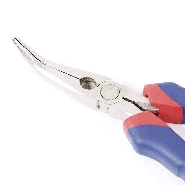 Double colour sleeve handle curved nose pliers in blue, steel construction, side view