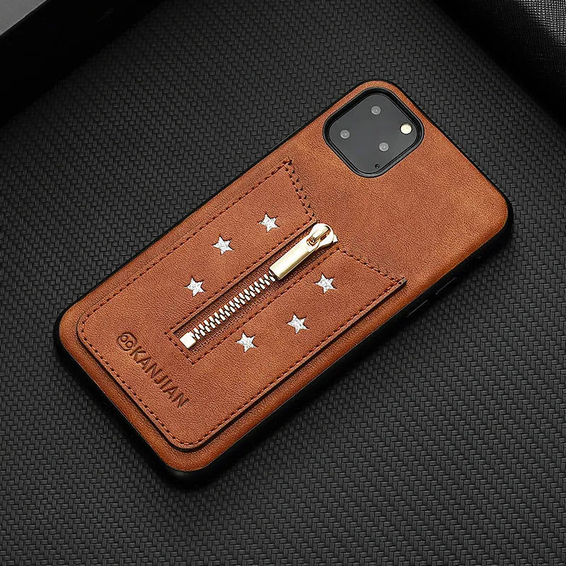 Zipper phone case in black PU with front flap closed, suitable for iPhone 11 Pro and Note 10 models