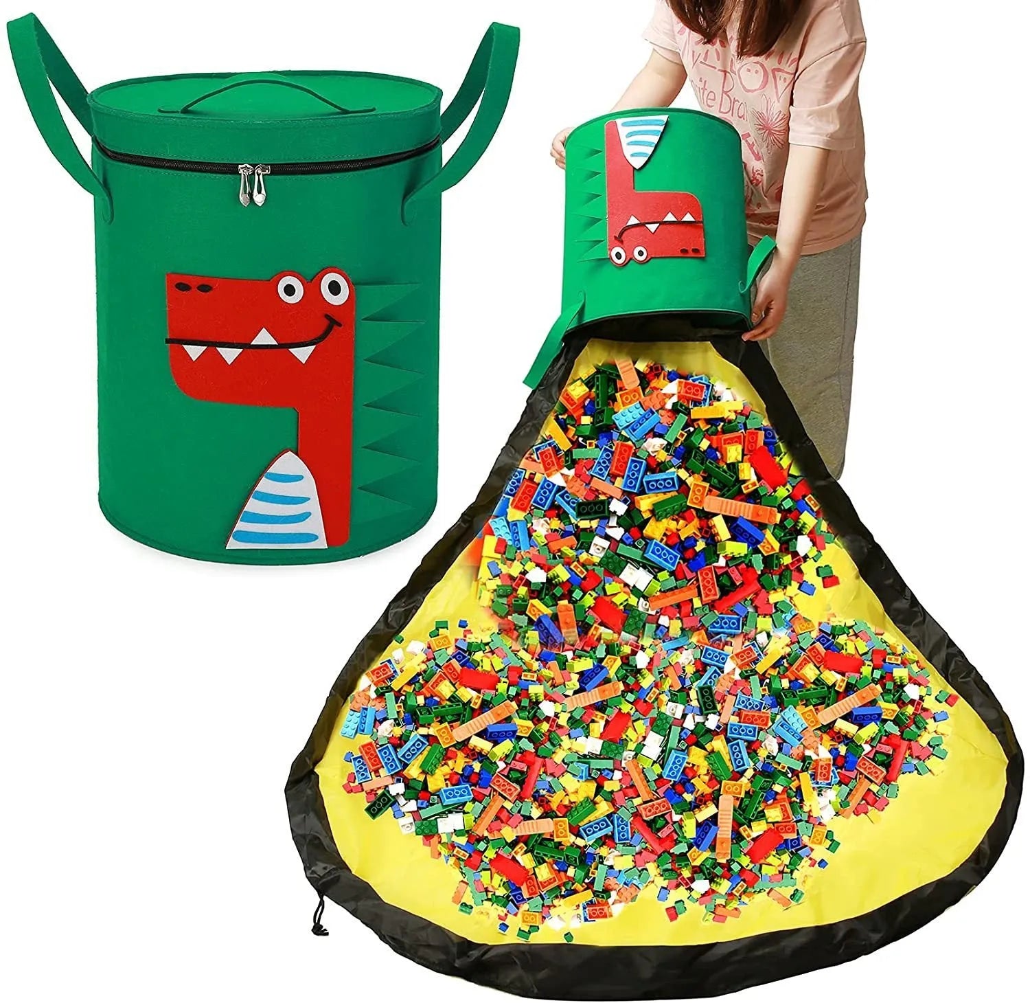Green felt cube storage bag with pull rope shown as toy organiser and unfolded play mat