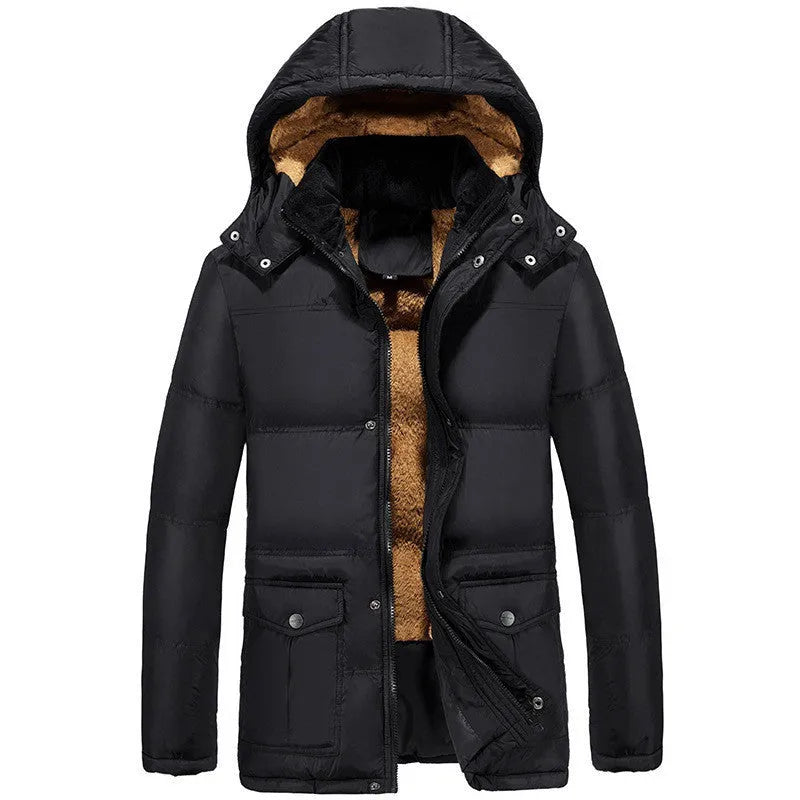 Men's velvet padded jacket double breasted hooded winter coat with patterned fabric
