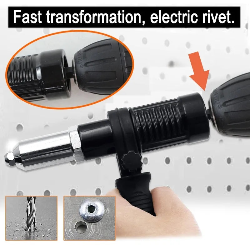 Black metal electric drill rivet gun with alloy steel forged head, 173mm length, includes handle, wrench and four rivet heads
