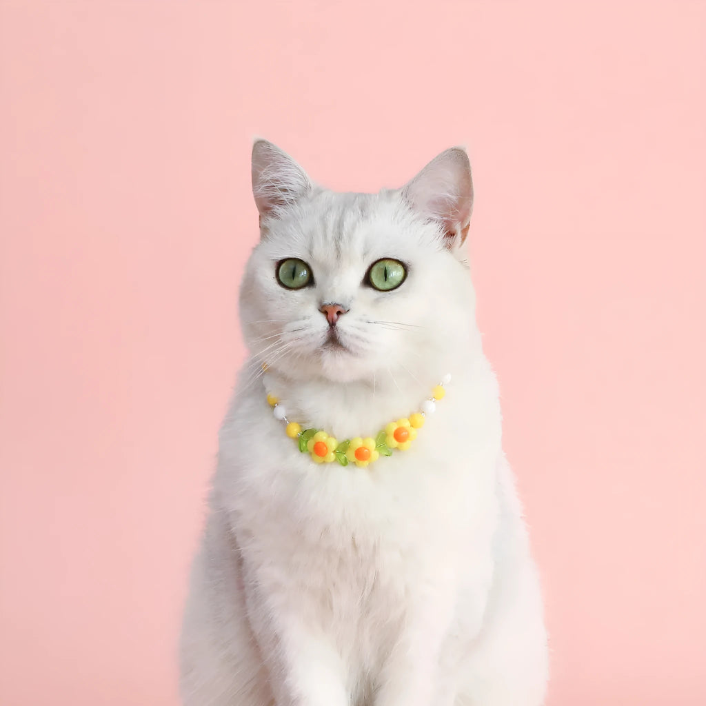 Adjustable plastic cat collar necklace with colourful pearl beads in small flower, rainbow, or peach patterns.