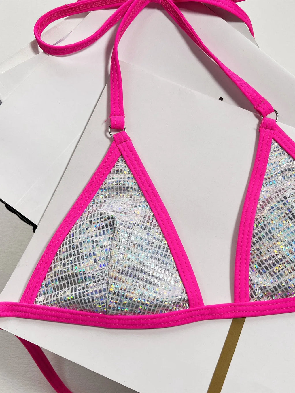 Solid colour silver women's split triangle bag swimsuit made from polyester fibre for swimming