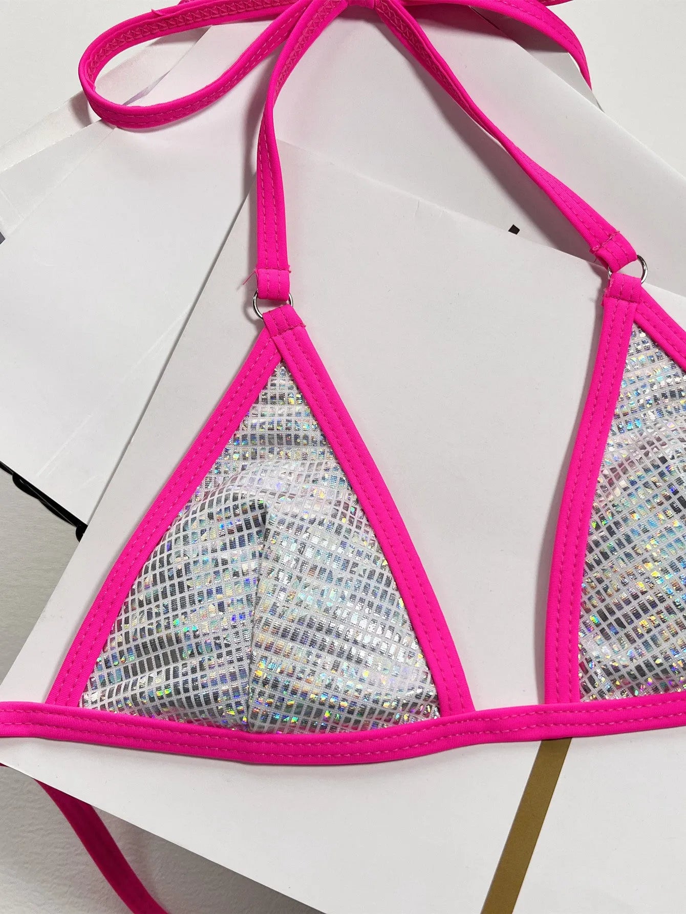Solid colour silver women's split triangle bag swimsuit made from polyester fibre for swimming