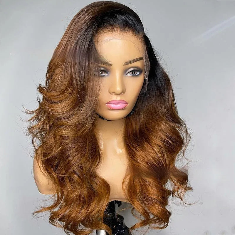Real human hair Ruili style gradient lace front wig on a model, showing long waves.