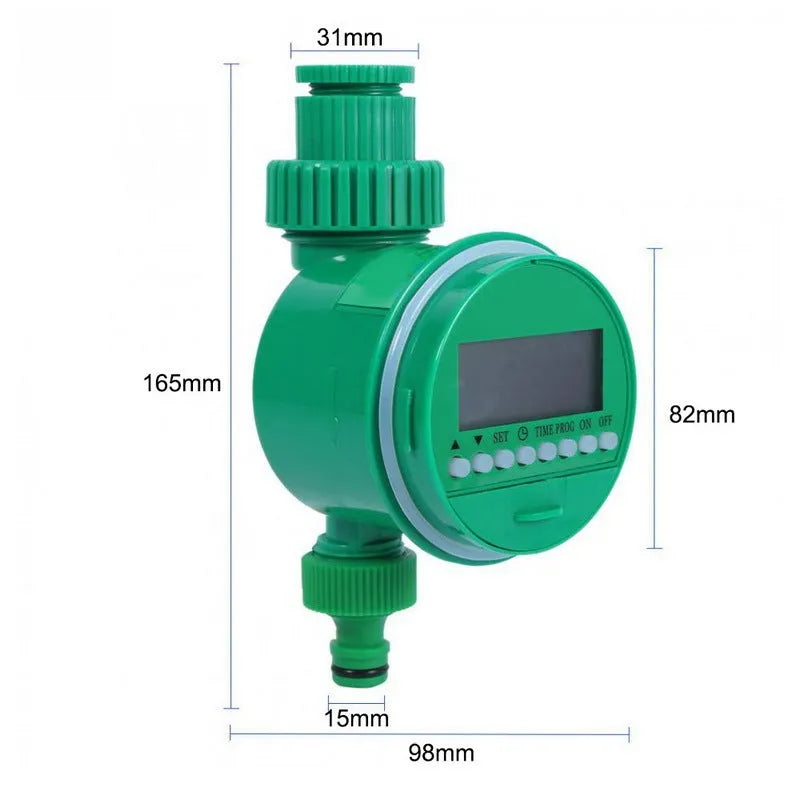 Green automatic watering timer for drip irrigation, household water flow, compact outdoor design