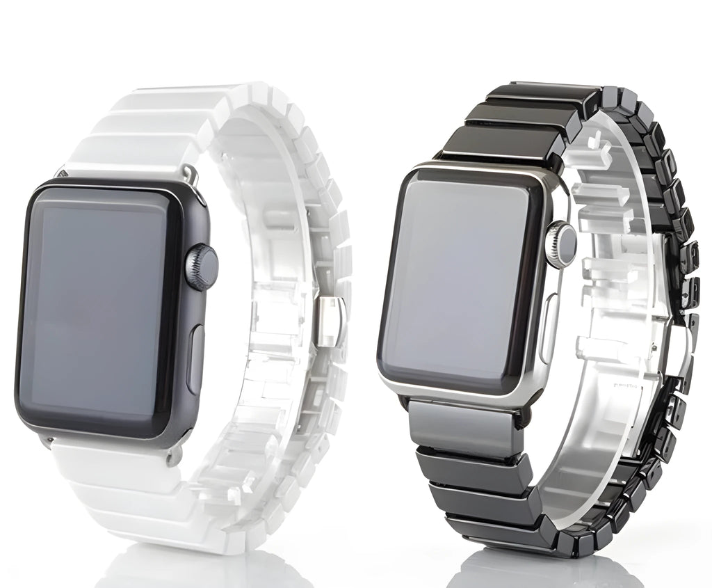 Ceramic stainless steel watchband compatible with Apple Watch 38mm or 42mm in black colour, strap only