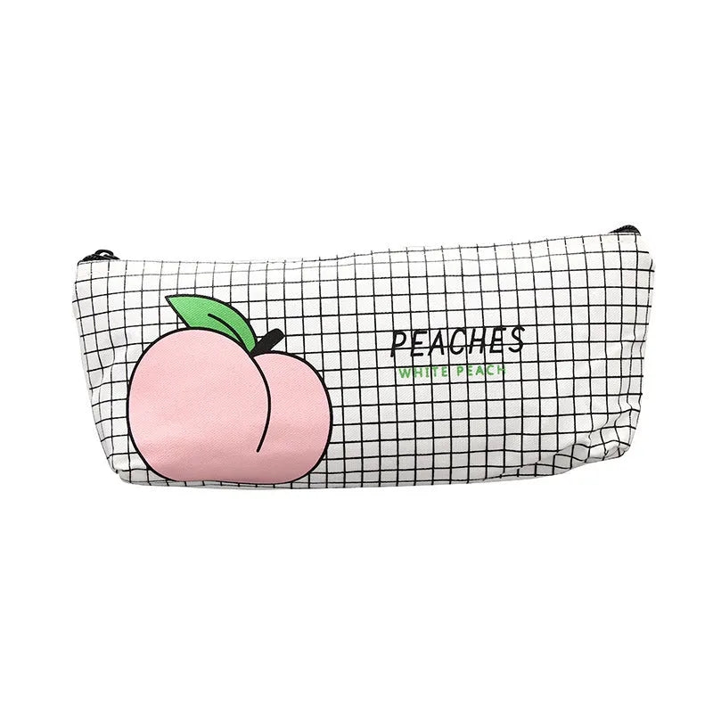 Rectangular canvas pencil case with peach print design, 20 x 8.5 cm, in white peaches colourway