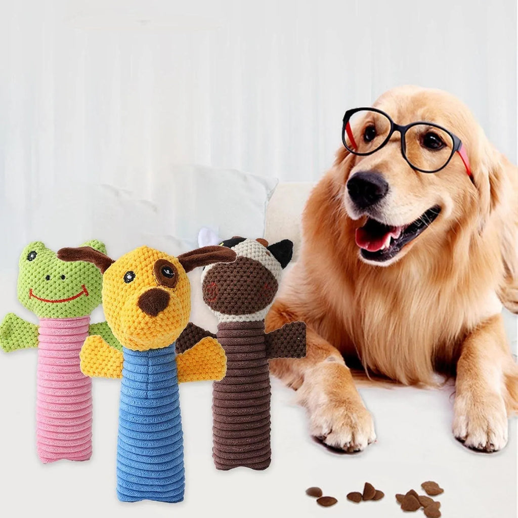 Dog squeaky toy stuffed animal dental chew toy in calves, frogs or puppies design