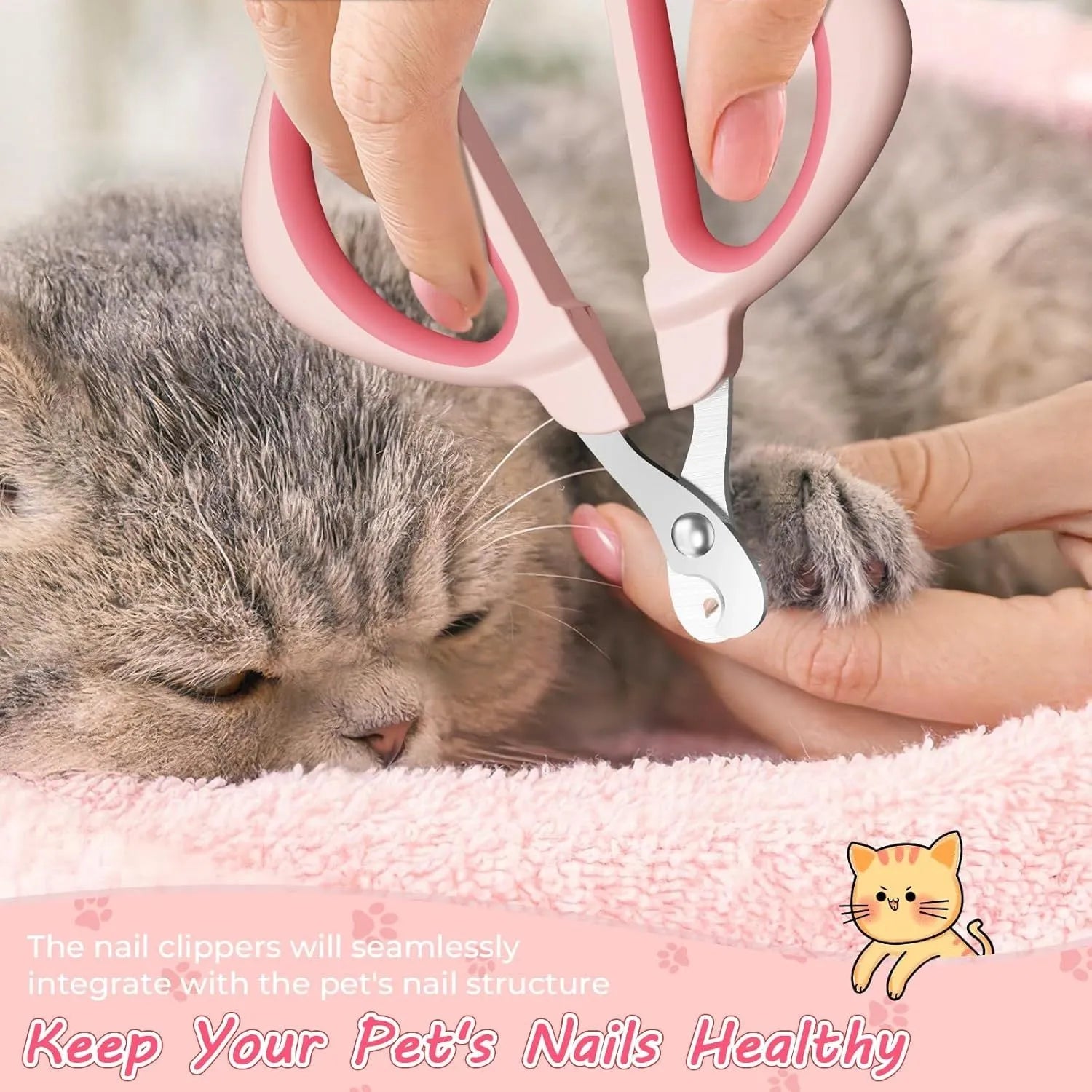 Blue pet nail clipper with a round guide hole and non-slip handle