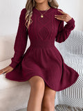 Women's artificial fur sweater dress with lantern sleeves and elastic waist in wine red colour