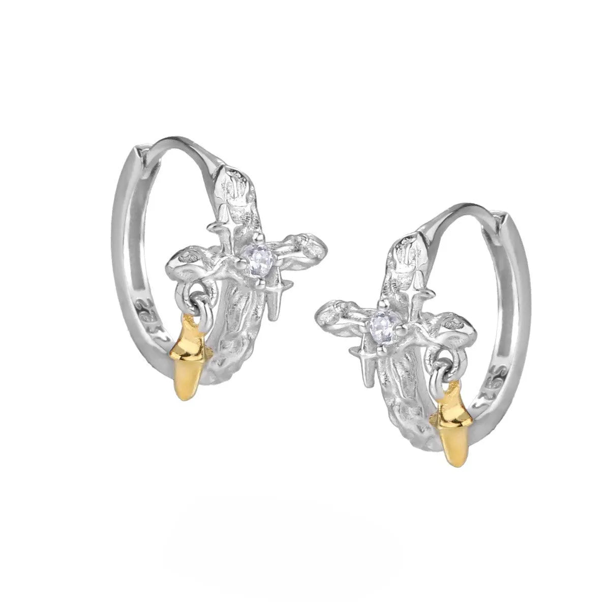 925 silver cross earrings with white gold electroplating and geometric round design
