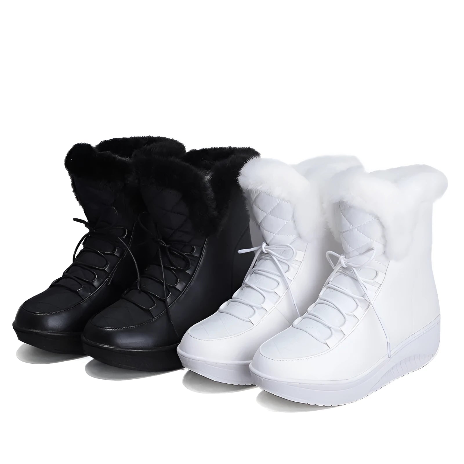 Women's winter boots with 3cm platform heel in black water-resistant PU leather with lace-up closure