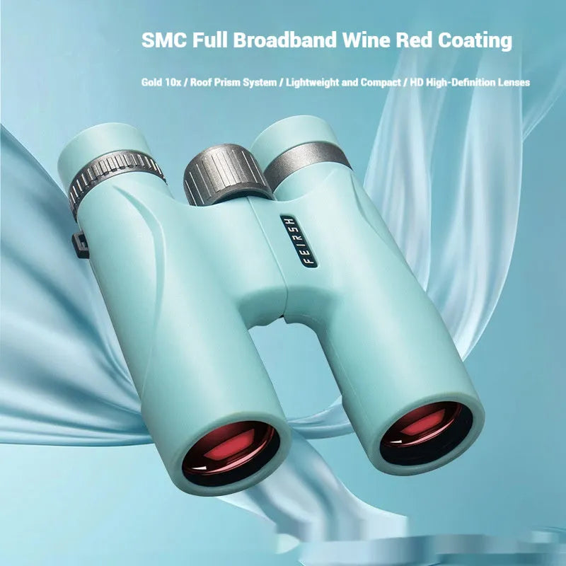 10x32 magnification binoculars with wine red film coating in compact plastic housing