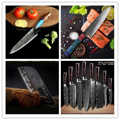 8-piece kitchen knives set with black handles in wood colour knife block including chef knife and specialised blades