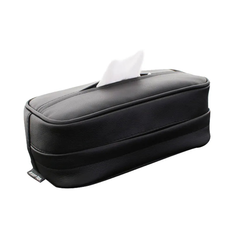 Black PU leather car hanging storage box with paper bag lining, dimensions 23x13x9cm