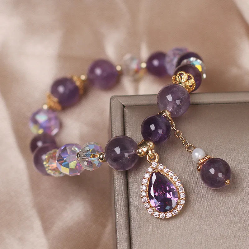 Purple natural amethyst bracelet for women with micro inlay crystal construction