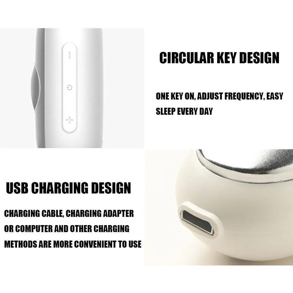 Hand-held micro-current sleep aid device with round button and stainless steel electrodes in grey colour