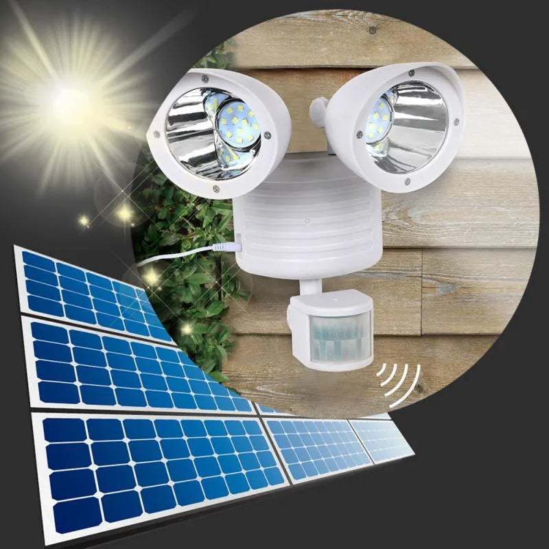 Double head solar induction spotlight in black mounted on a wall with motion sensor and LED light