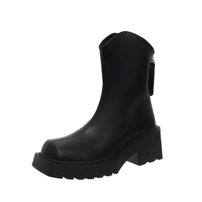Women's platform Martin boots with square toe and 6-8CM heel in black or brown colours