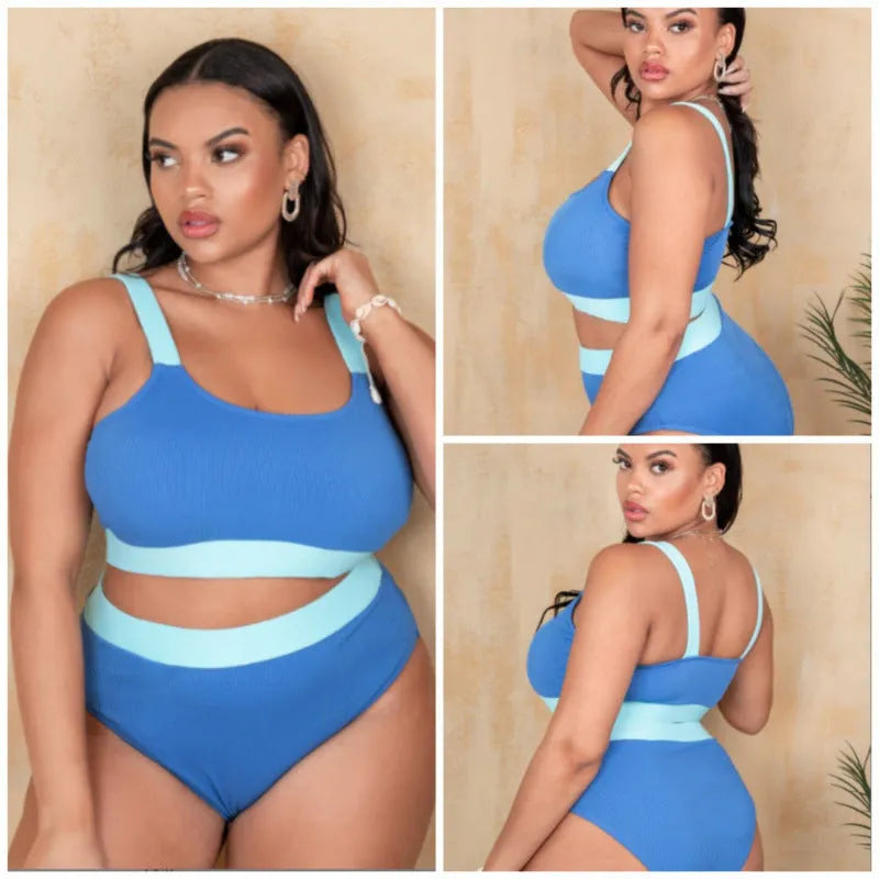 Women's solid colour polyester high-waisted bikini swimsuit with stitching detail