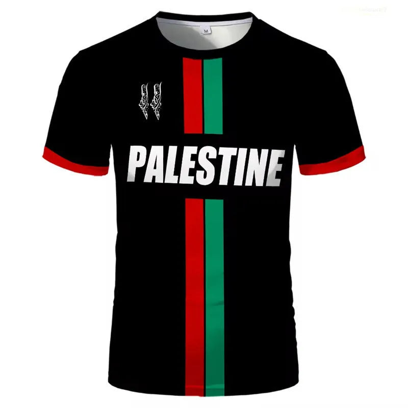 Man's black 3D printed football graphic T-shirt with half sleeves on a hanger