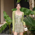 Women's floral one-piece suspender swimsuit in green made from quick-drying nylon fabric