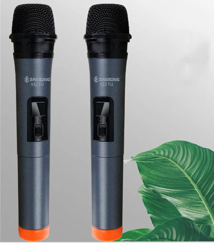 Black dynamic handheld microphone with USB receiver and audio cable for stage and home use