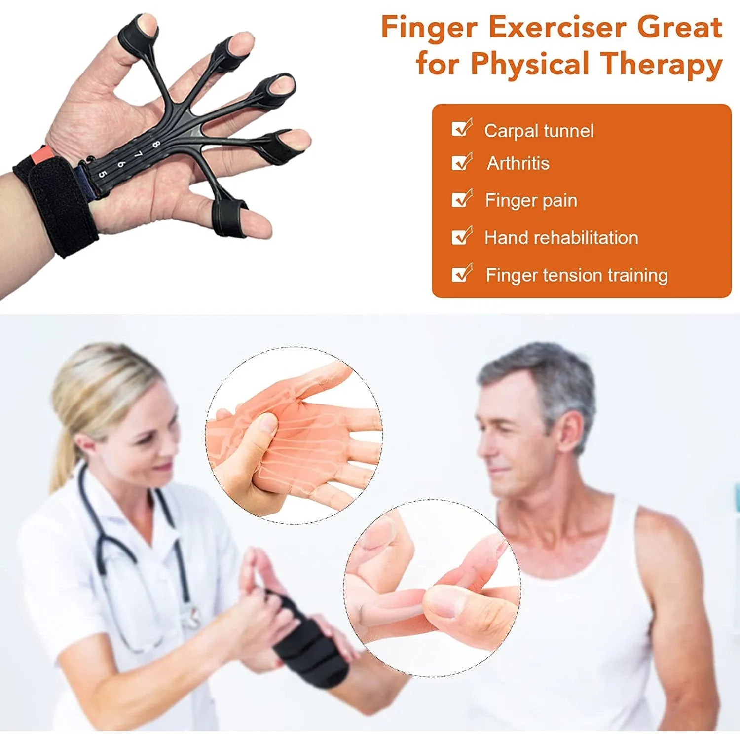 Black silicone finger flexion and extension trainer with adjustable belt for resistance training.