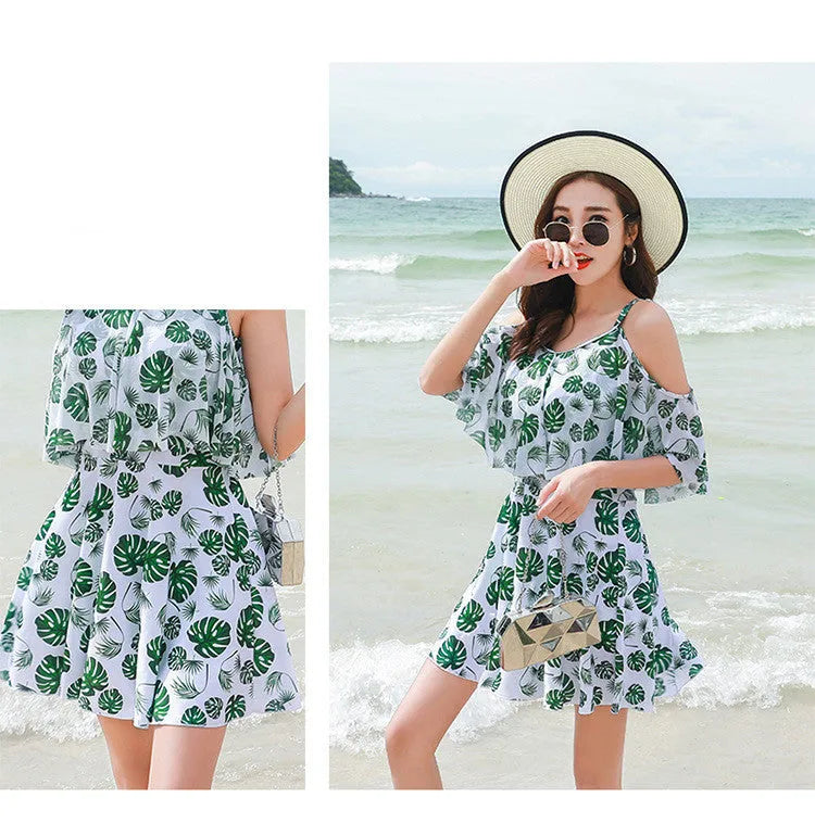 Women's polyester one-piece swimsuit in solid colour pattern green leaf style