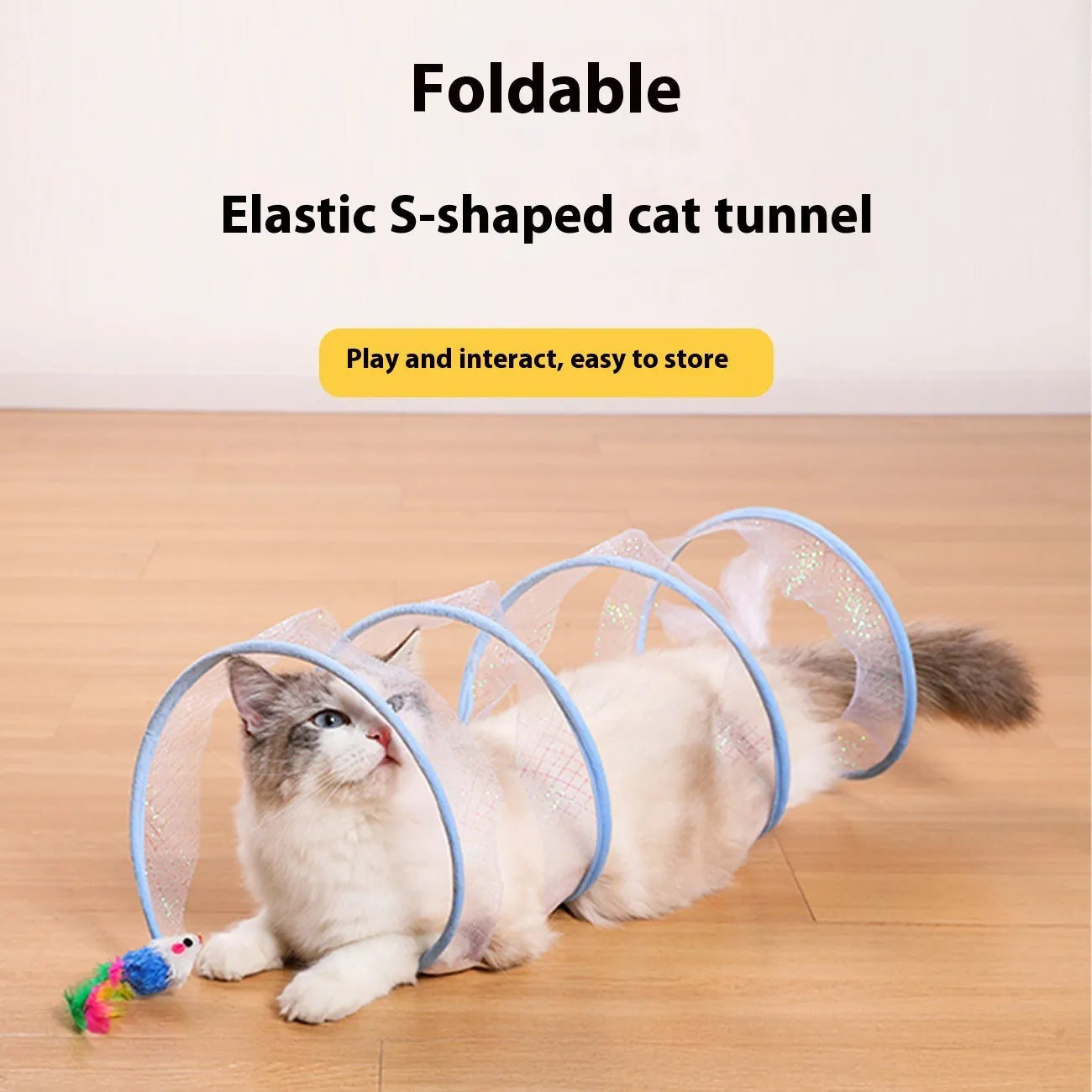 Steel frame cat tunnel toy with colourful feather attachments inside elastic net channel