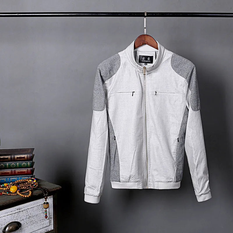 Men's heather grey thin linen jacket with a regular fit, shown on a model.