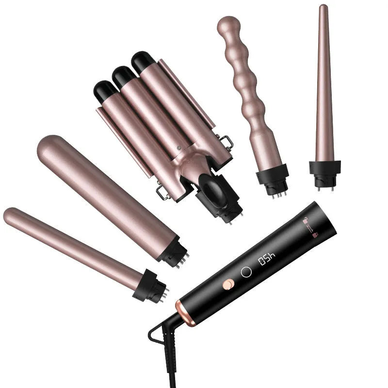 Rose gold five-in-one tube replacement hair curler with LCD screen and international voltage compatibility