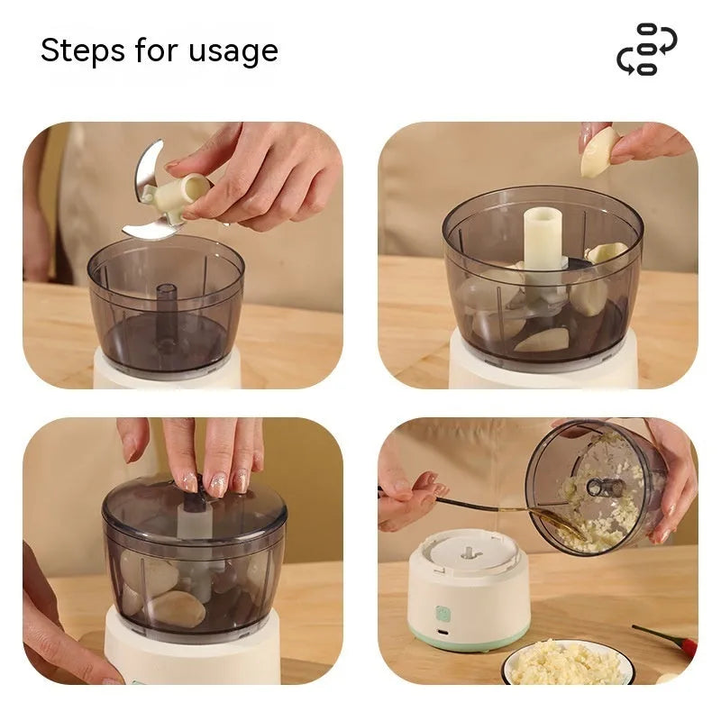 Mini meat grinder with 225ml transparent cup, stainless steel blade, anti-slip base, USB rechargeable, second generation white