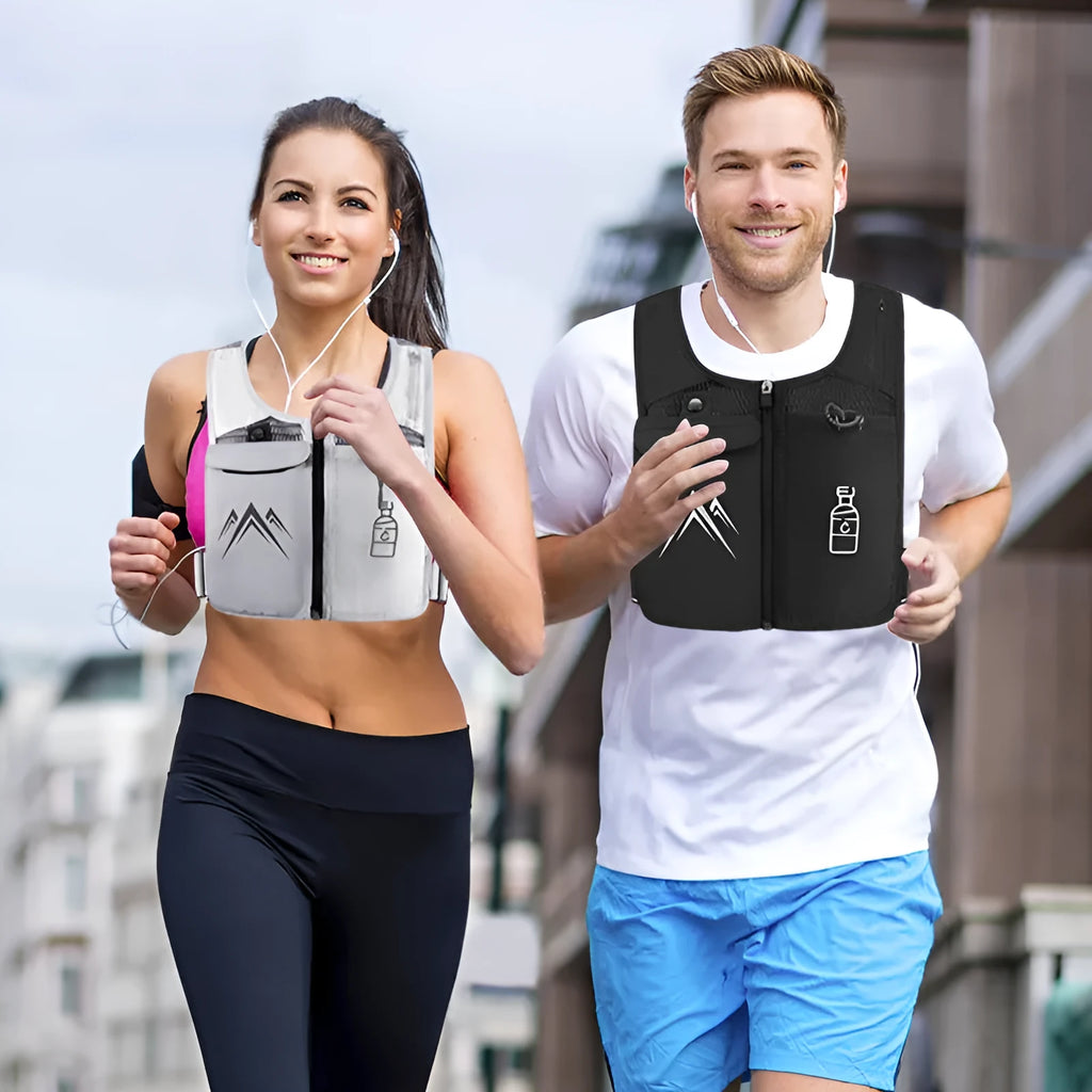 Sports running vest with integrated mobile phone pocket in breathable grey mesh fabric