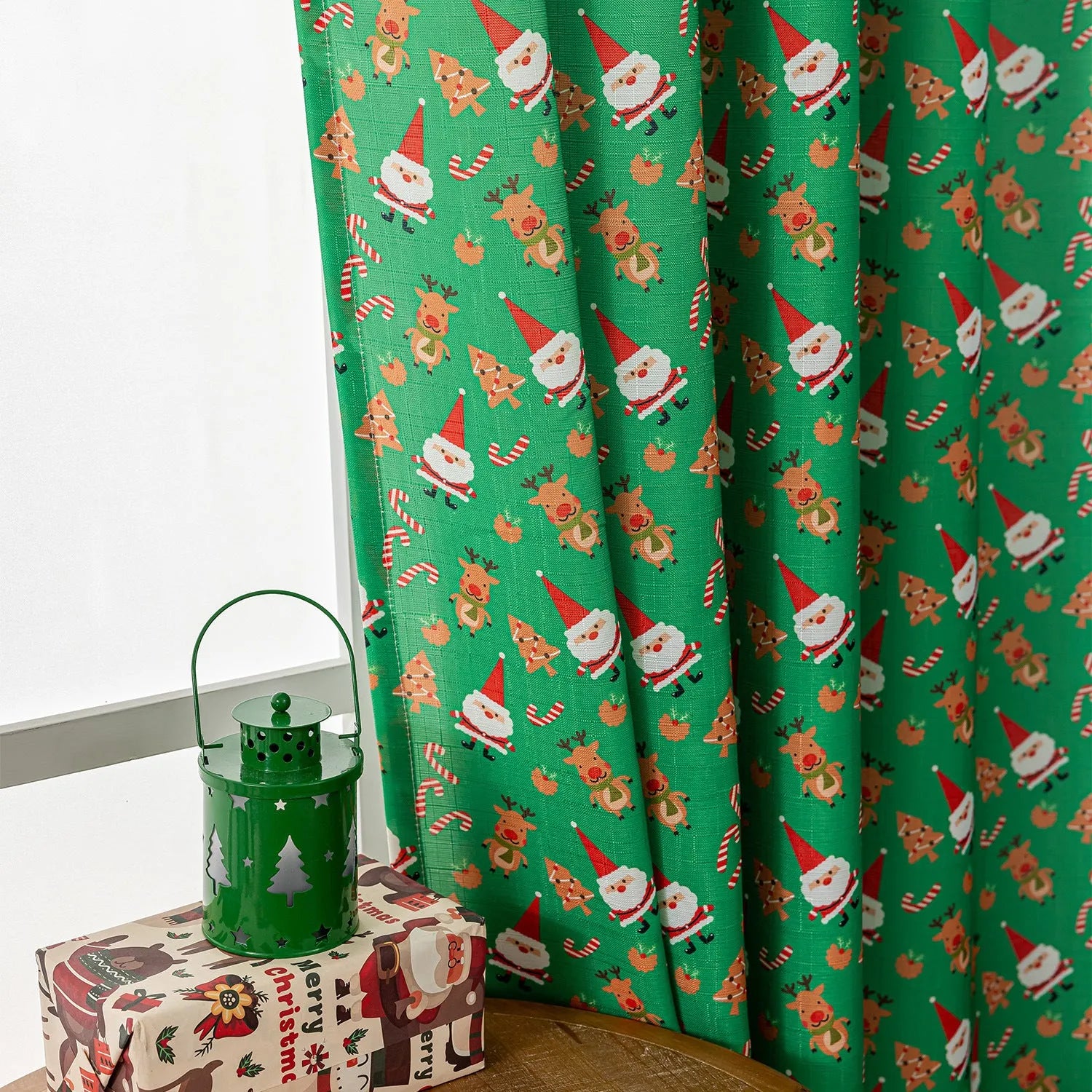 Green and red Christmas curtain with printed snowman and angel cartoon designs for living room window treatment