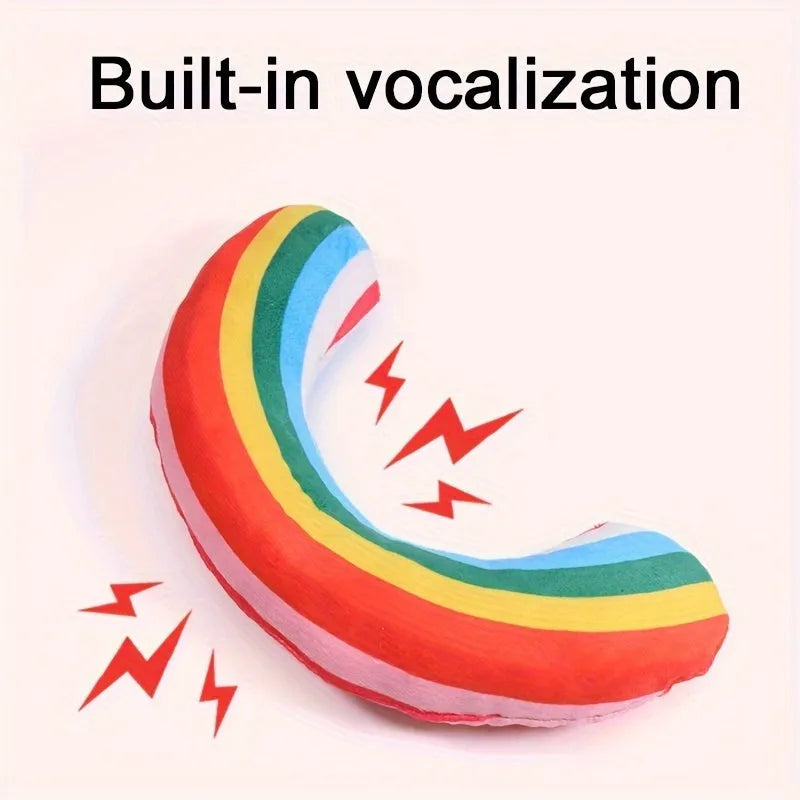 Striped fabric cat pillow toy with a noise maker and catnip strip, measuring 23 cm, in rainbow colours.