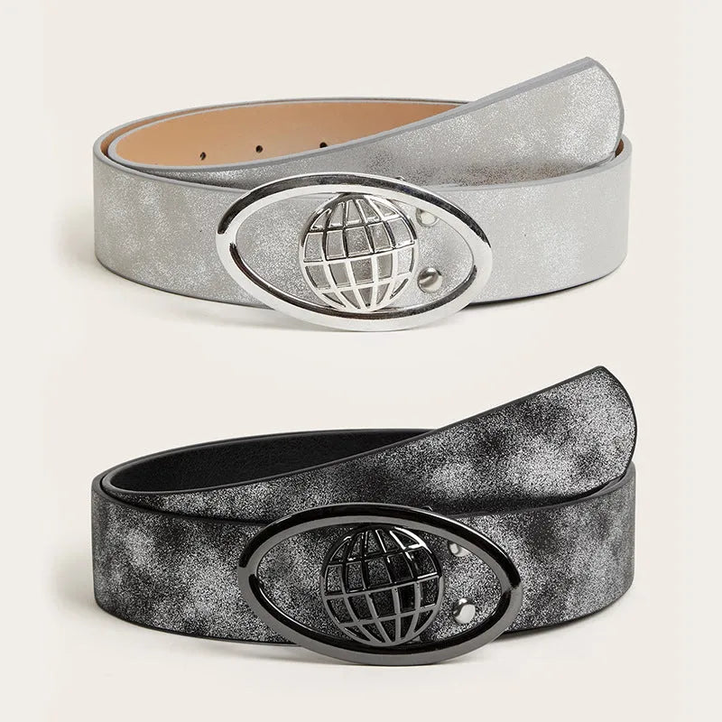 Retro women's belt with oval alloy buckle on thick 4cm PU leather strap in vintage colour options