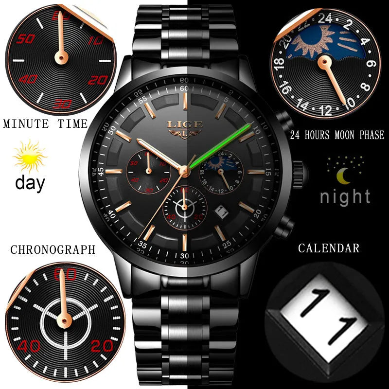Men's black and rose red gold quartz sports watch with waterproof construction and digital display