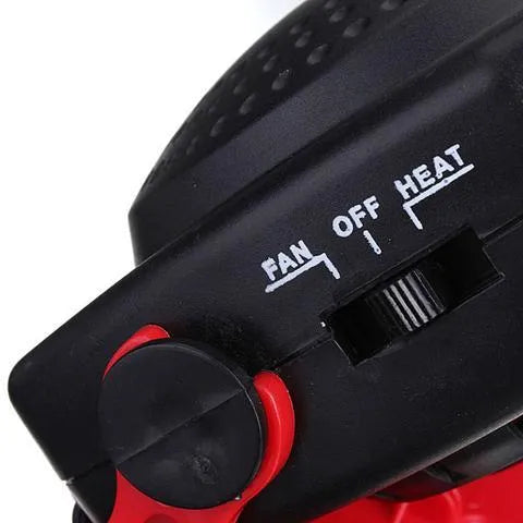 Portable car windshield defroster fan in black and red ABS housing on dashboard with power cable