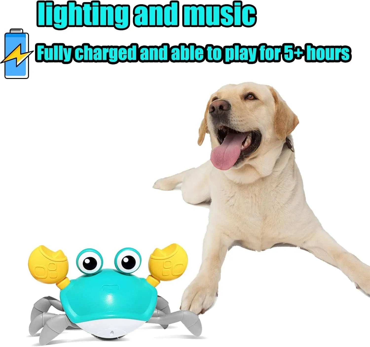Blue electronic crab dog toy with obstacle avoidance sensors crawling on floor