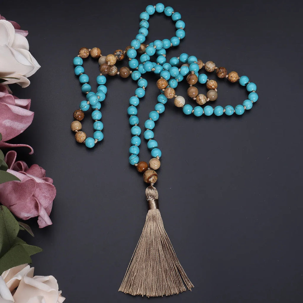 Handmade 108 mala necklace with vintage turquoise painted stone beads on a ball bead chain, blue pine colour, unisex design