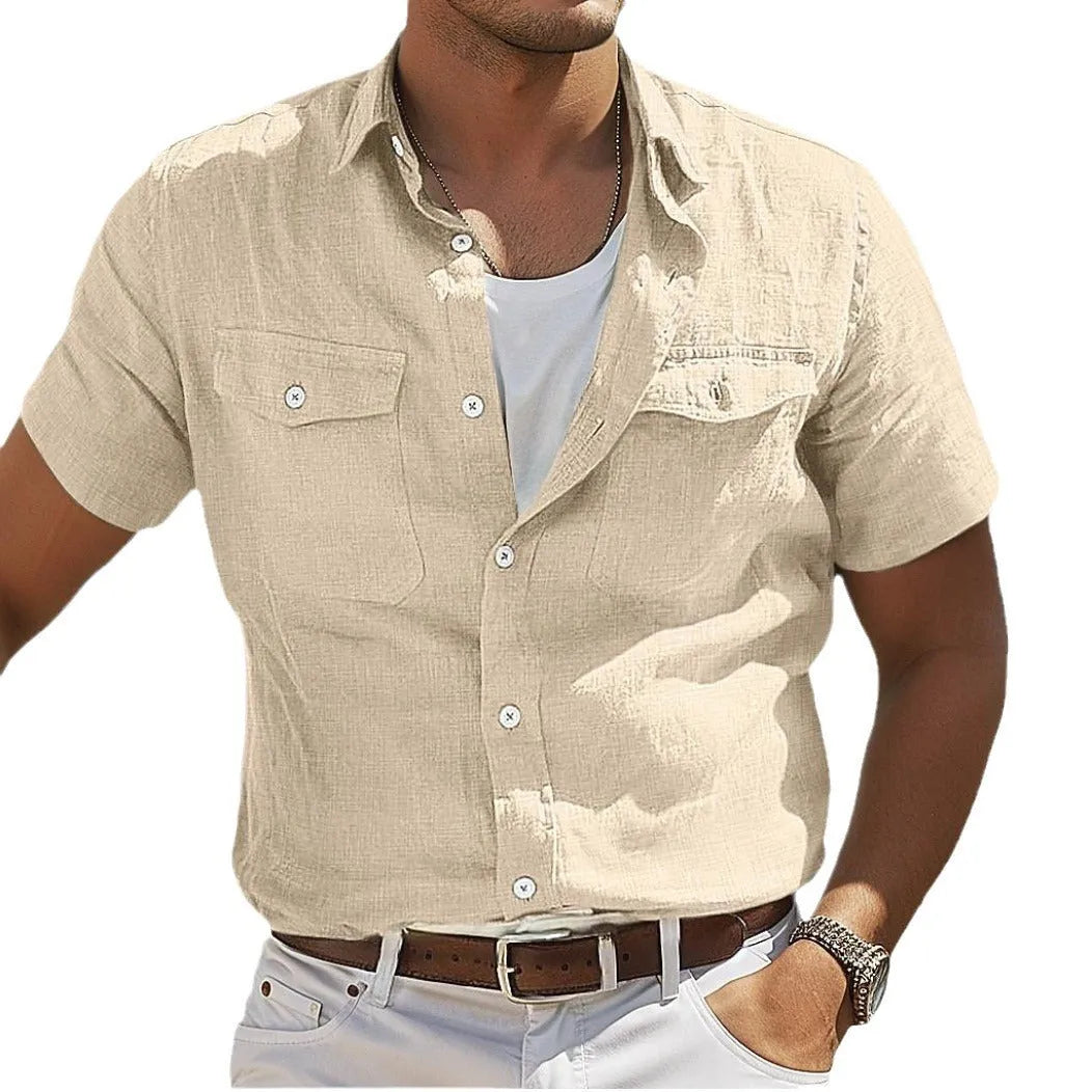 Men's loose-fit linen summer shirt with polo collar in solid colours grey, green, sky blue, apricot
