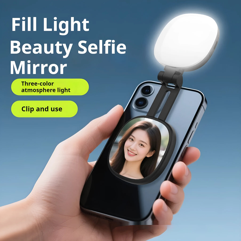Black and white mini magnetic fill light with adjustable phone holder and three-colour LED lights