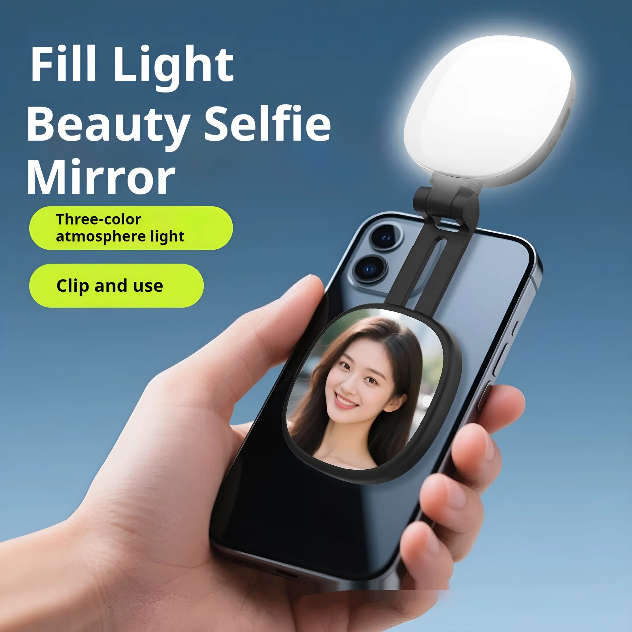 Black and white mini magnetic fill light with adjustable phone holder and three-colour LED lights