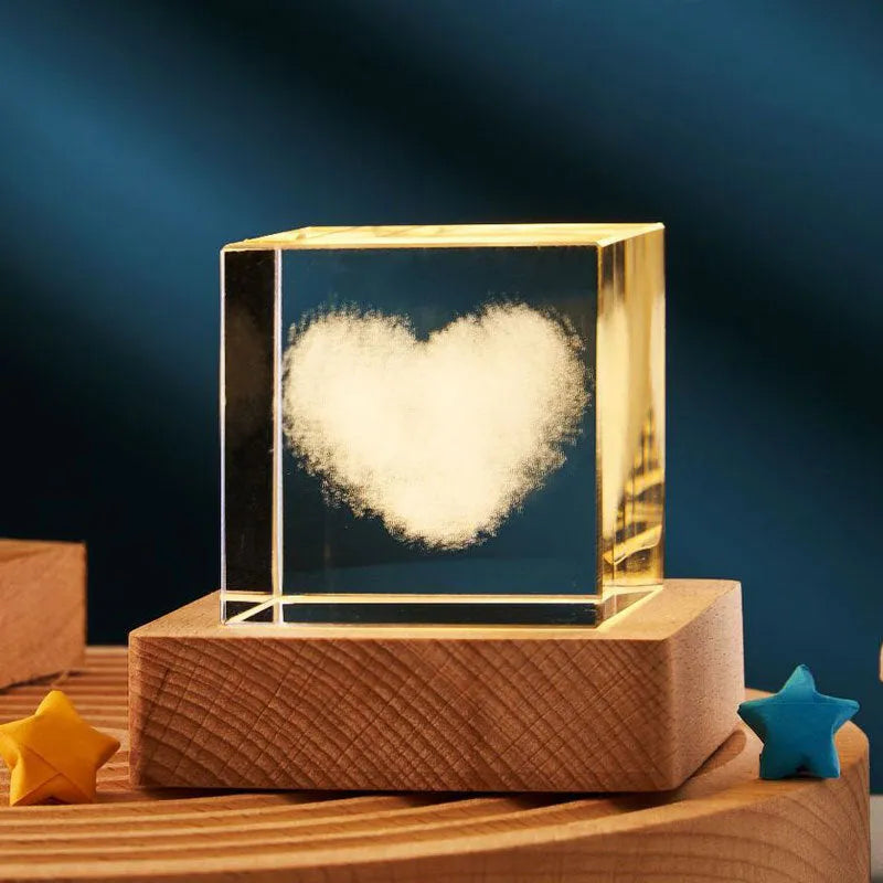 3D transparent crystal cube night lamp with warm light glowing, glass lampshade, 40mm size