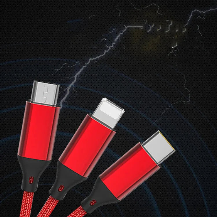 One for three charging cable data cable 1.2 metres TPE nylon braid red blue gold black silver