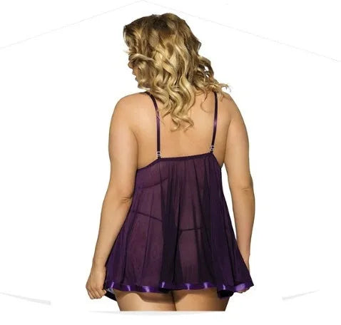 Women plus size polyester lace sleepdress in black with see-through mesh, size 6XL
