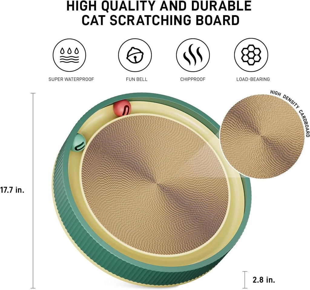 Large circular cat scratching board with integrated ball toys on green background