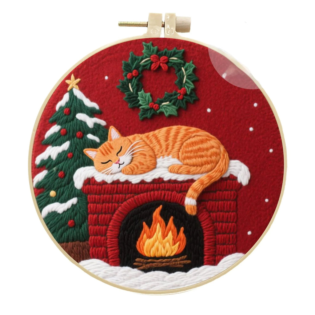 Cat embroidery DIY kit with cotton linen fabric, autumn fruit patterns, and bamboo embroidery frame